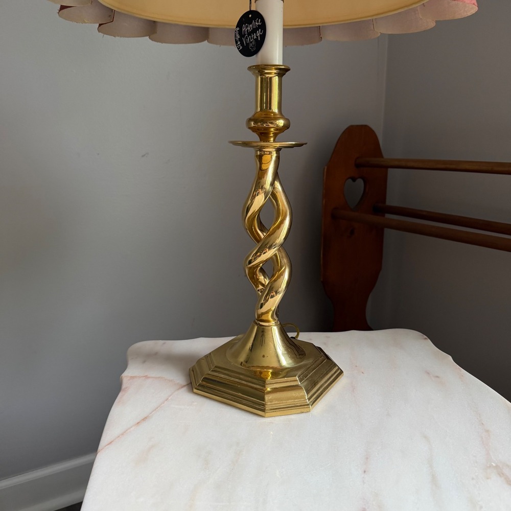 Vintage Brass Double Twist Spiral Table Lamp with Pink Accordion Pleat Shade 30" - Picture 4 of 6